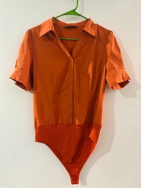 Allegra K Burnt Orange Button-Front Top, slim fit onesie for tailored look